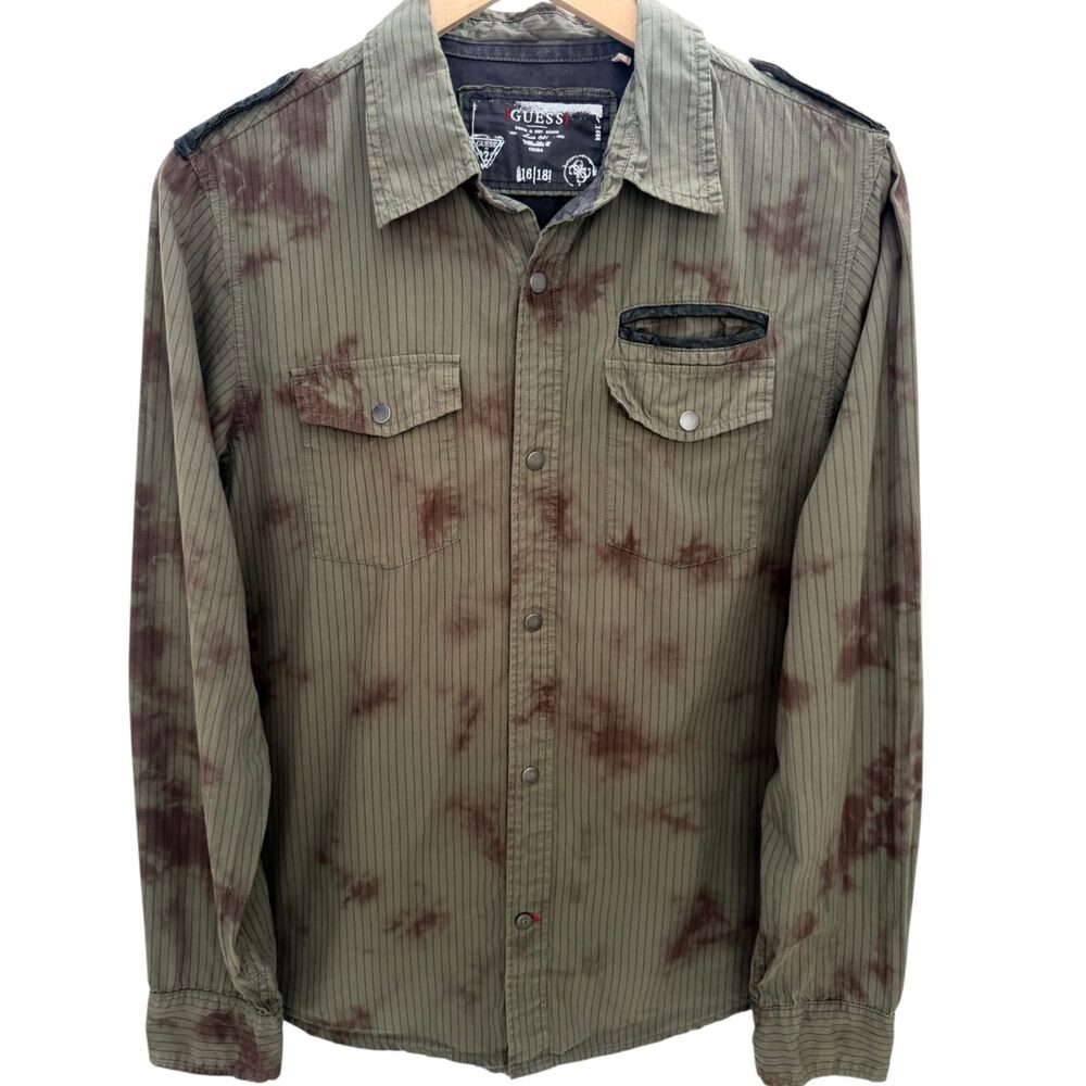Guess Eagle and branches Long Sleeve Striped Graphic Button-Up Youth L Olive
